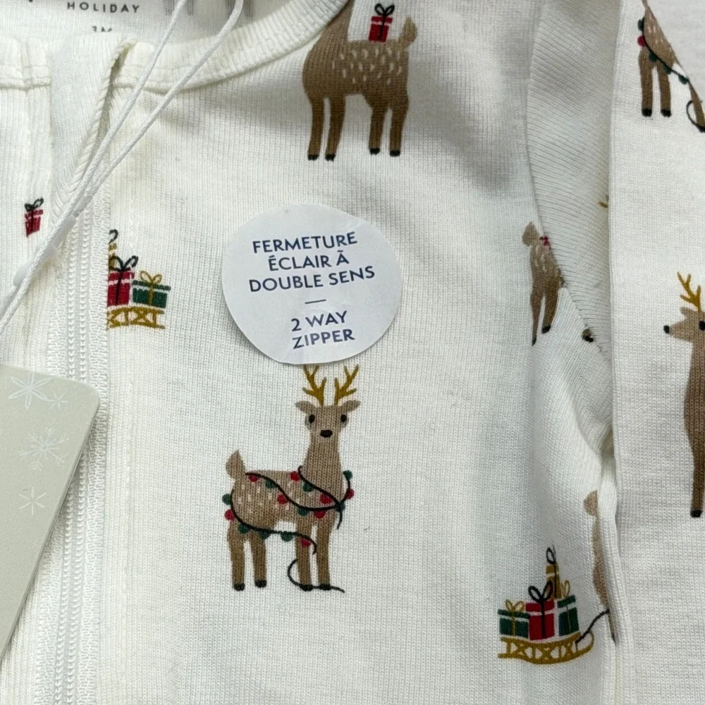 Petit Lem Holiday Reindeer 2-Way Zip Footed Sleeper‎ Unisex 3M Off White